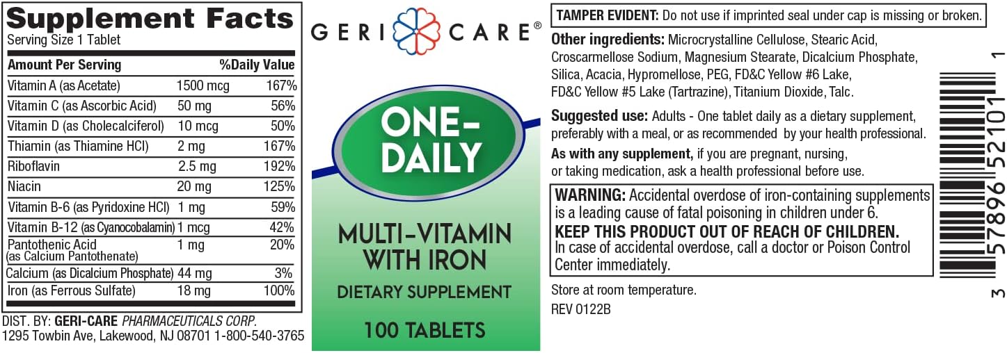 GeriCare One-Daily Multi-Vitamin Tablets with Iron - 100 Count Pack