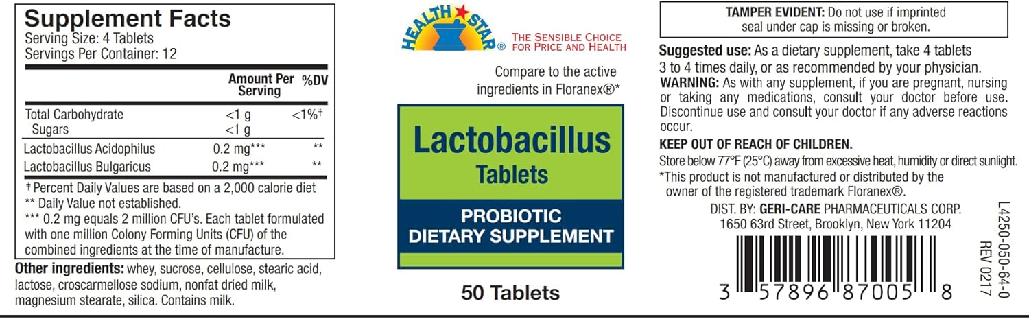 GeriCare Probiotic Lactobacillus Dietary Supplement Tablets for Digestive Health - 50 Count Pack