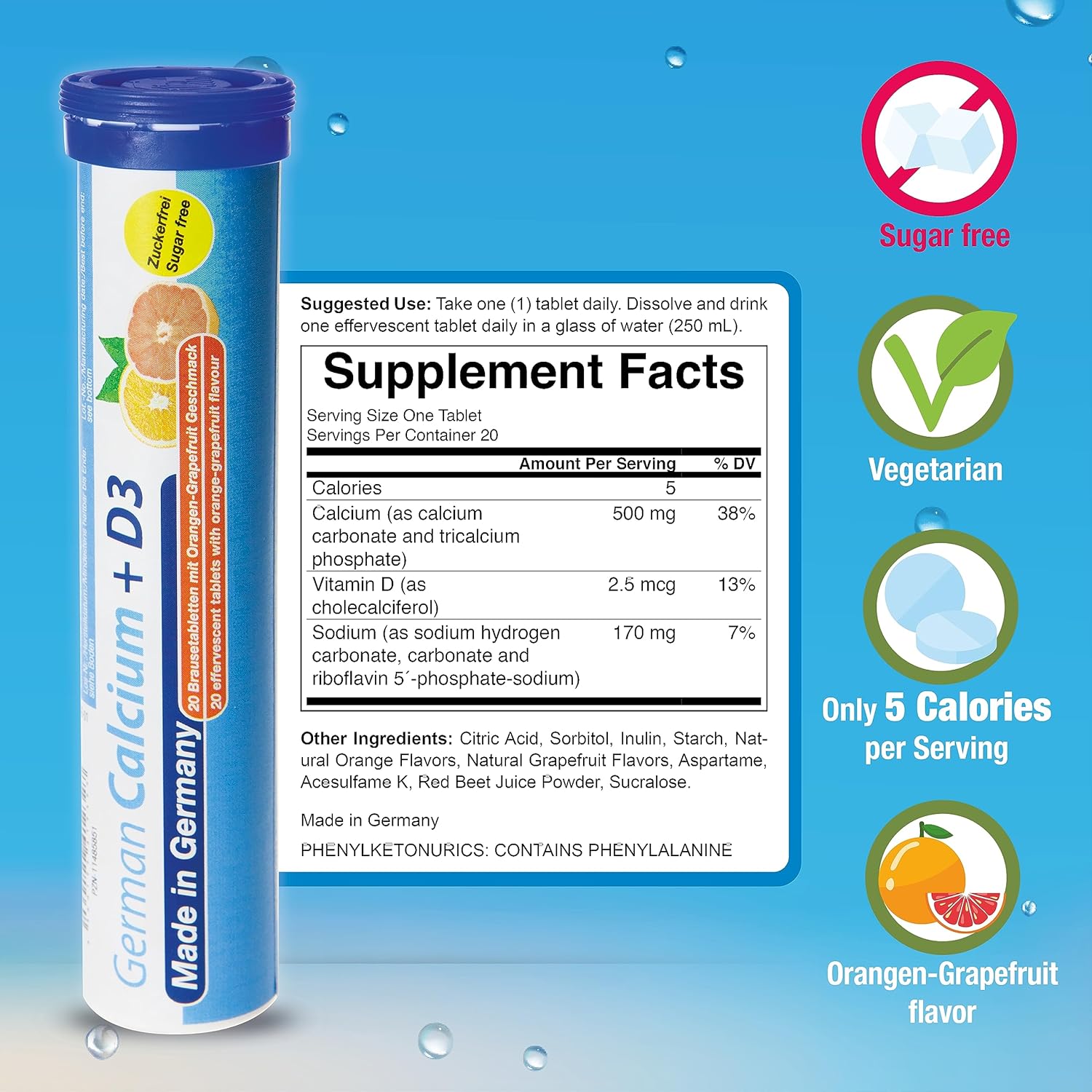 German Calcium and Vitamin D Effervescent Tablets - 40 Vegetarian Orange-Grapefruit Flavored Drink - Made in Germany