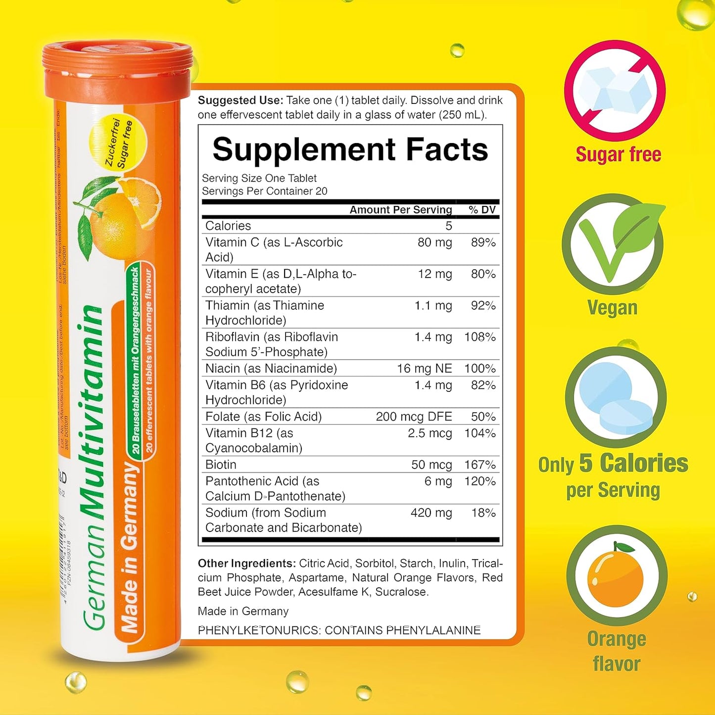 German Made T&D Multivitamin Effervescent Tablets - 10 Vitamins, 480 Vegan Orange Drink Tablets