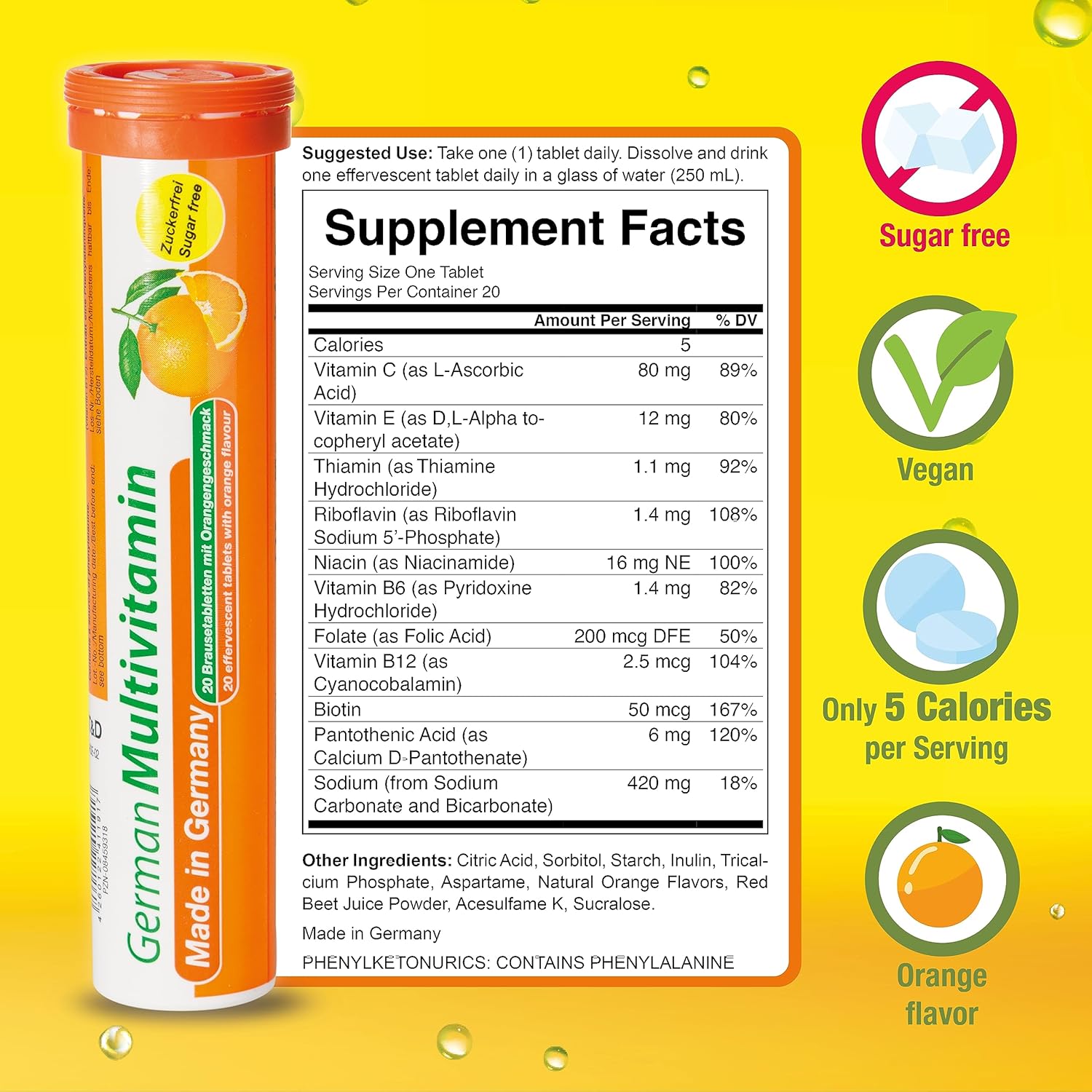 German Made T&D Multivitamin Effervescent Tablets - 10 Vitamins, 480 Vegan Orange Drink Tablets