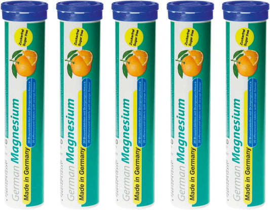 German Magnesium Oxide Effervescent Tablets - Orange Flavor | 200mg Magnesium per Serving | Sugar Free, Vegan | Made in Germany by T&D Pharma