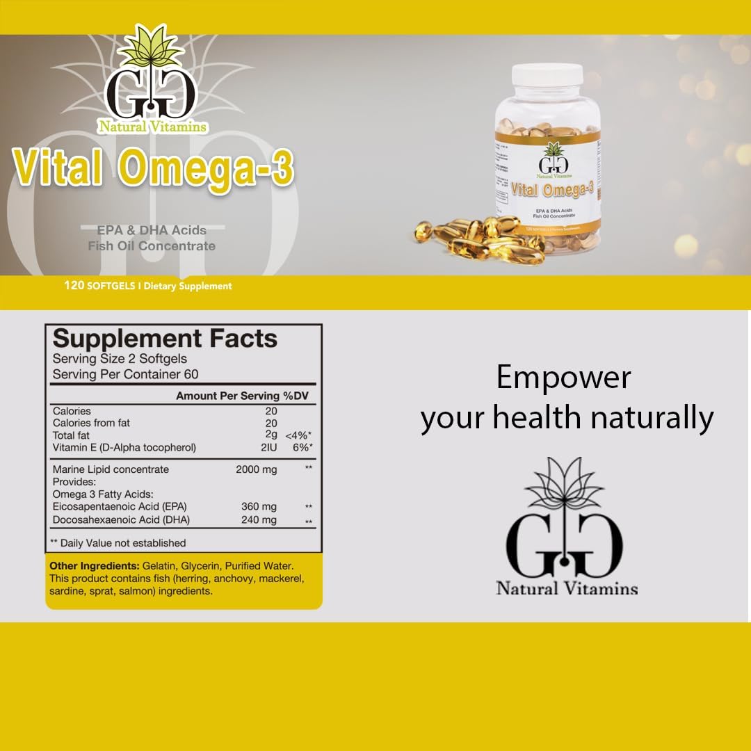 GG Natural Vitamins Vital Omega-3 Softgels - 120 Count, Unflavored Fish Oil Supplement for Heart and Brain Health
