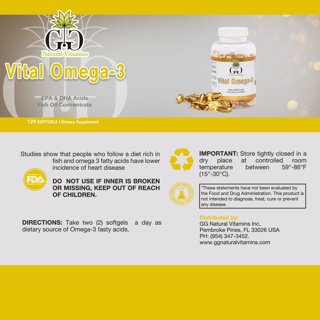 GG Natural Vitamins Vital Omega-3 Softgels - 120 Count, Unflavored Fish Oil Supplement for Heart and Brain Health