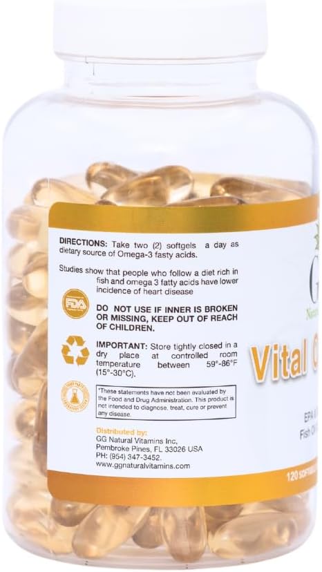 GG Natural Vitamins Vital Omega-3 Softgels - 120 Count, Unflavored Fish Oil Supplement for Heart and Brain Health