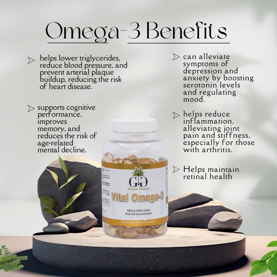 GG Natural Vitamins Vital Omega-3 Softgels - 120 Count, Unflavored Fish Oil Supplement for Heart and Brain Health