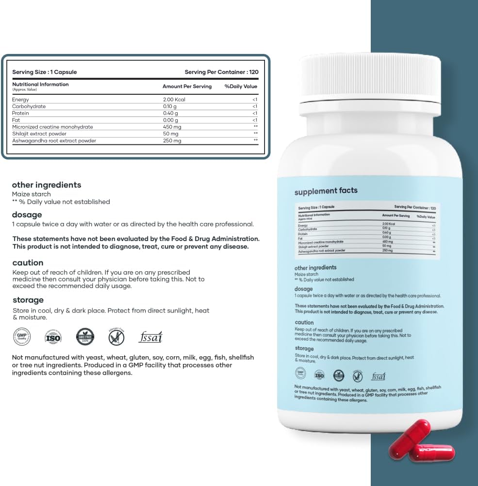 GHC Micronized Creatine Monohydrate Capsules with Shilajit & Ashwagandha - 120 Count - Pure & Natural - Overall Wellness - BoostGo Australia