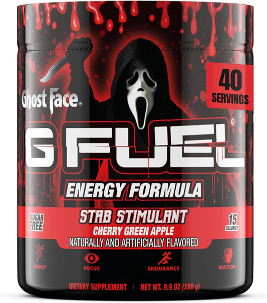 Ghost Face G Fuel Energy Drink Powder: Pre Workout Mix for Gaming, Sugar Free with Focus Amino, Vitamins, Antioxidants - Cherry Green Apple Flavor - 9.9oz (40 Servings)