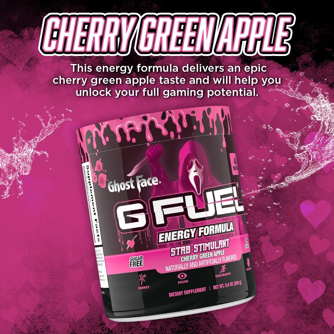 Ghost Face G Fuel Energy Drink Powder: Pre Workout Mix for Gaming, Sugar Free with Focus Amino, Vitamins, Antioxidants - Cherry Green Apple Flavor - 9.9oz (40 Servings)