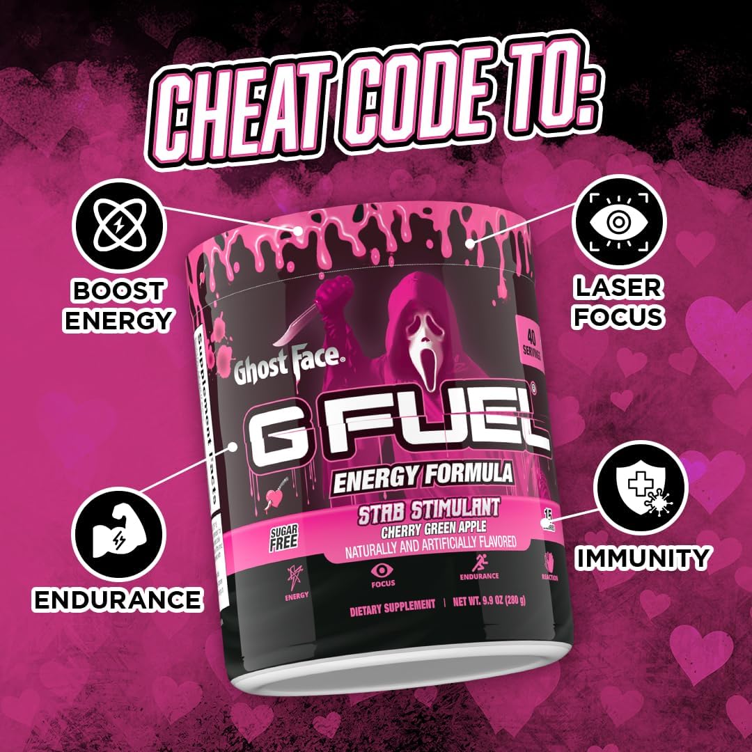 Ghost Face G Fuel Energy Drink Powder: Pre Workout Mix for Gaming, Sugar Free with Focus Amino, Vitamins, Antioxidants - Cherry Green Apple Flavor - 9.9oz (40 Servings)