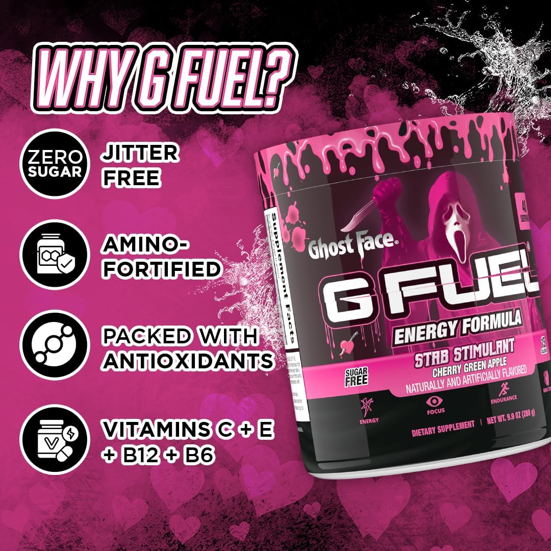 Ghost Face G Fuel Energy Drink Powder: Pre Workout Mix for Gaming, Sugar Free with Focus Amino, Vitamins, Antioxidants - Cherry Green Apple Flavor - 9.9oz (40 Servings)