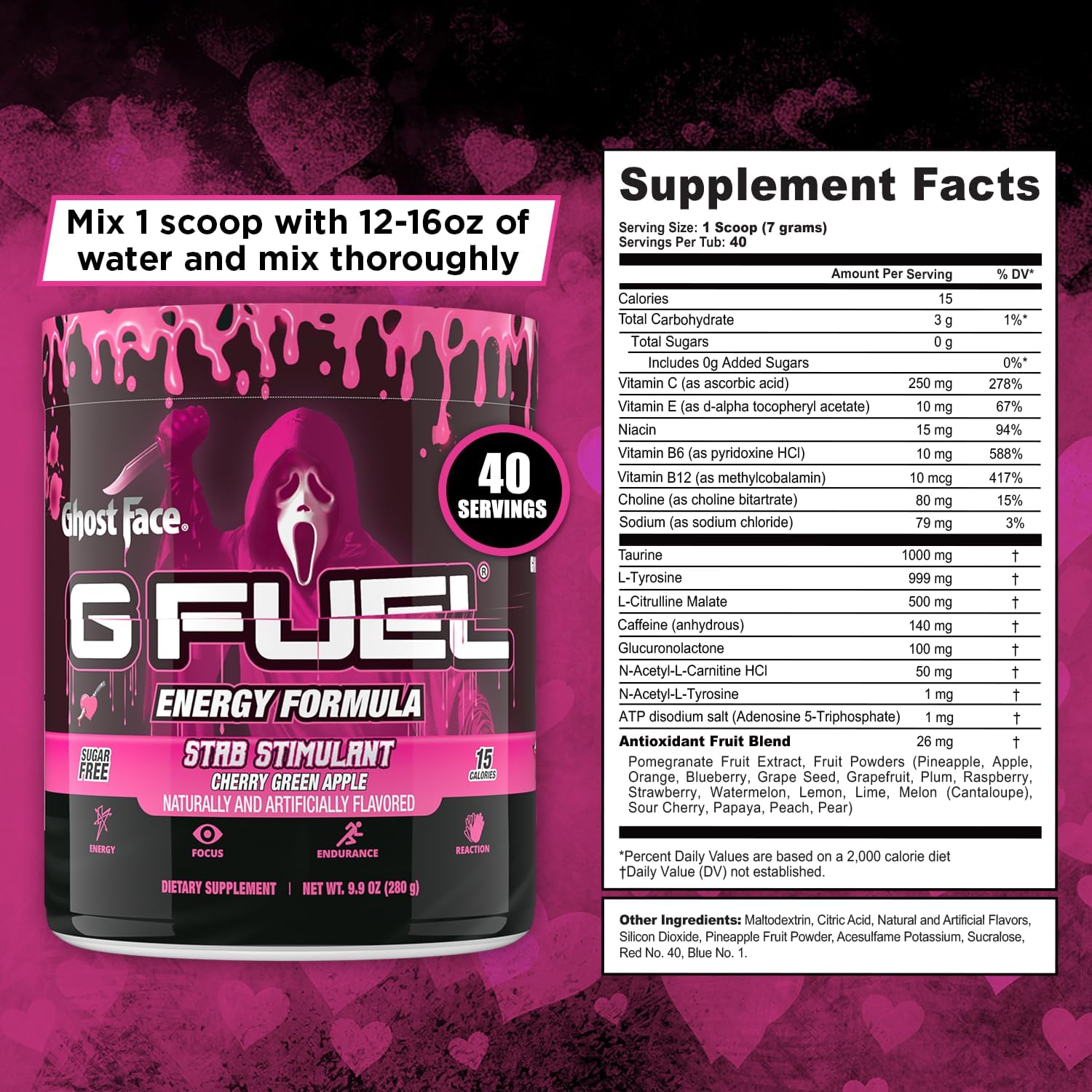 Ghost Face G Fuel Energy Drink Powder: Pre Workout Mix for Gaming, Sugar Free with Focus Amino, Vitamins, Antioxidants - Cherry Green Apple Flavor - 9.9oz (40 Servings)