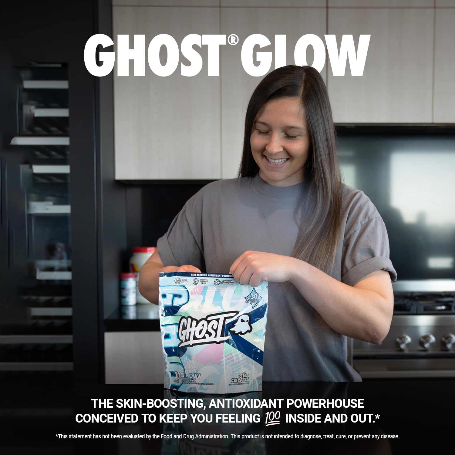 GHOST Glow Sticks: Pina Colada Beauty & Detox Supplement - 30 Packs with Hyaluronic Acid, Biotin, L-Theanine - Skin-Boosting Formula, Sugar & Gluten Free