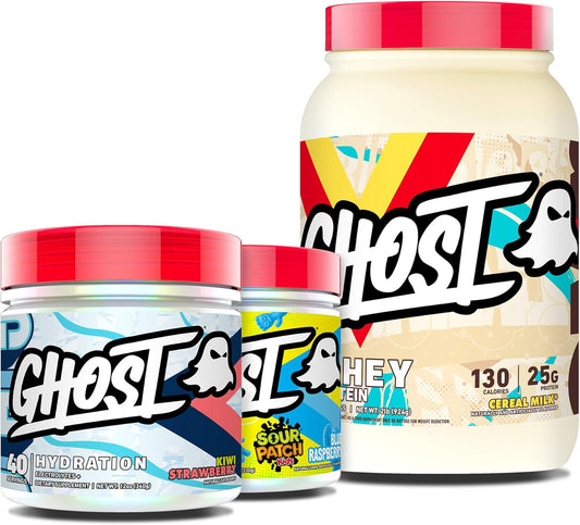 GHOST Supplement Bundle: Whey Protein (Cereal Milk), BCAA Amino Acids (Sour Patch Kids Blue Raspberry), Electrolyte Powder (Kiwi Strawberry)