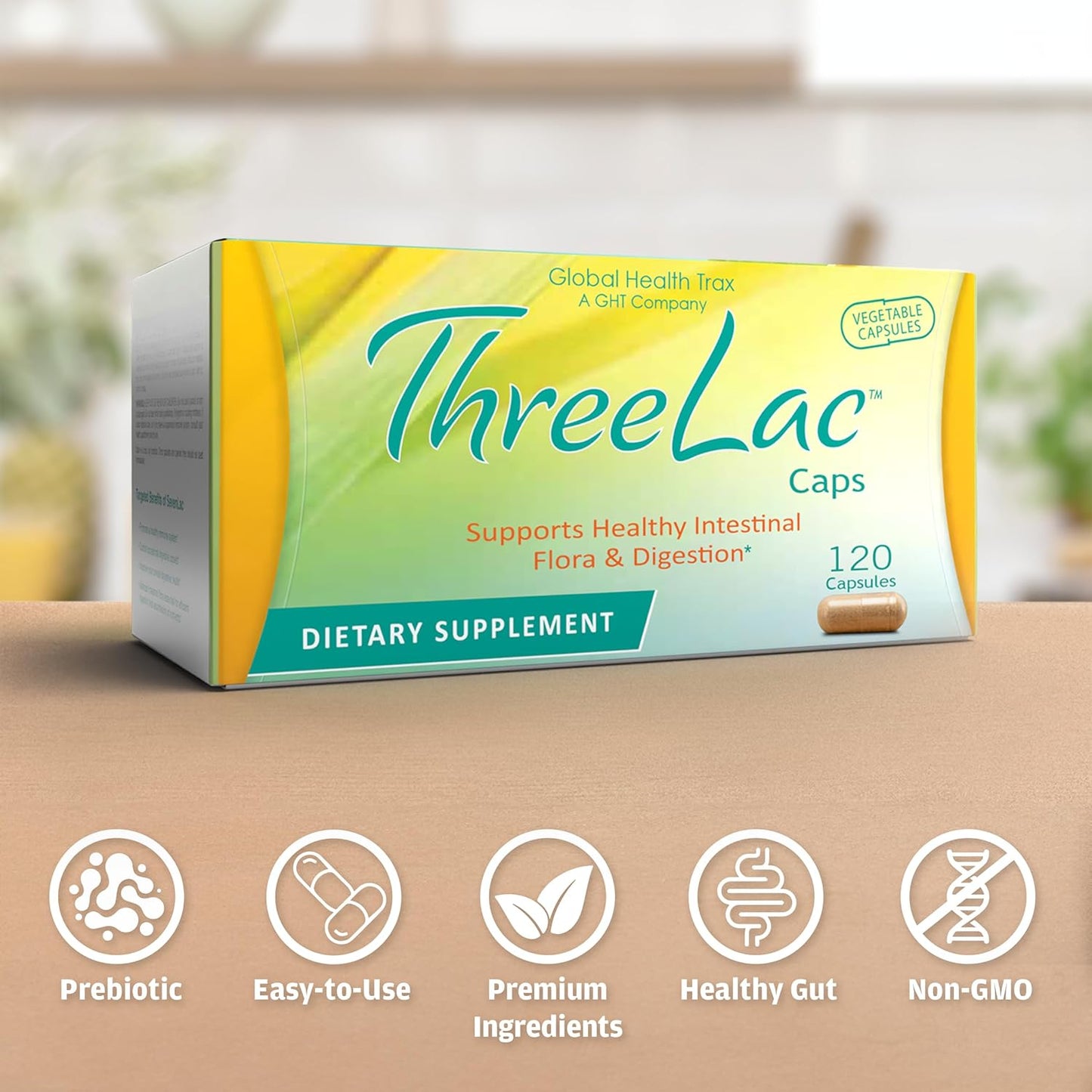 GHT ThreeLac Probiotic Capsules - 120 Count - Digestive Support for Men, Women, Children - Immune System & Gut Balance - Non-GMO