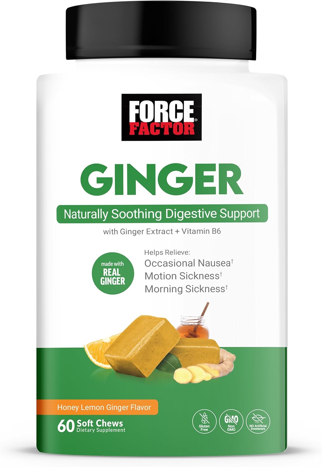 Ginger Chews with Vitamin B6 for Nausea Relief and Digestive Support, 60 Honey Lemon Ginger Flavored Soft Chews