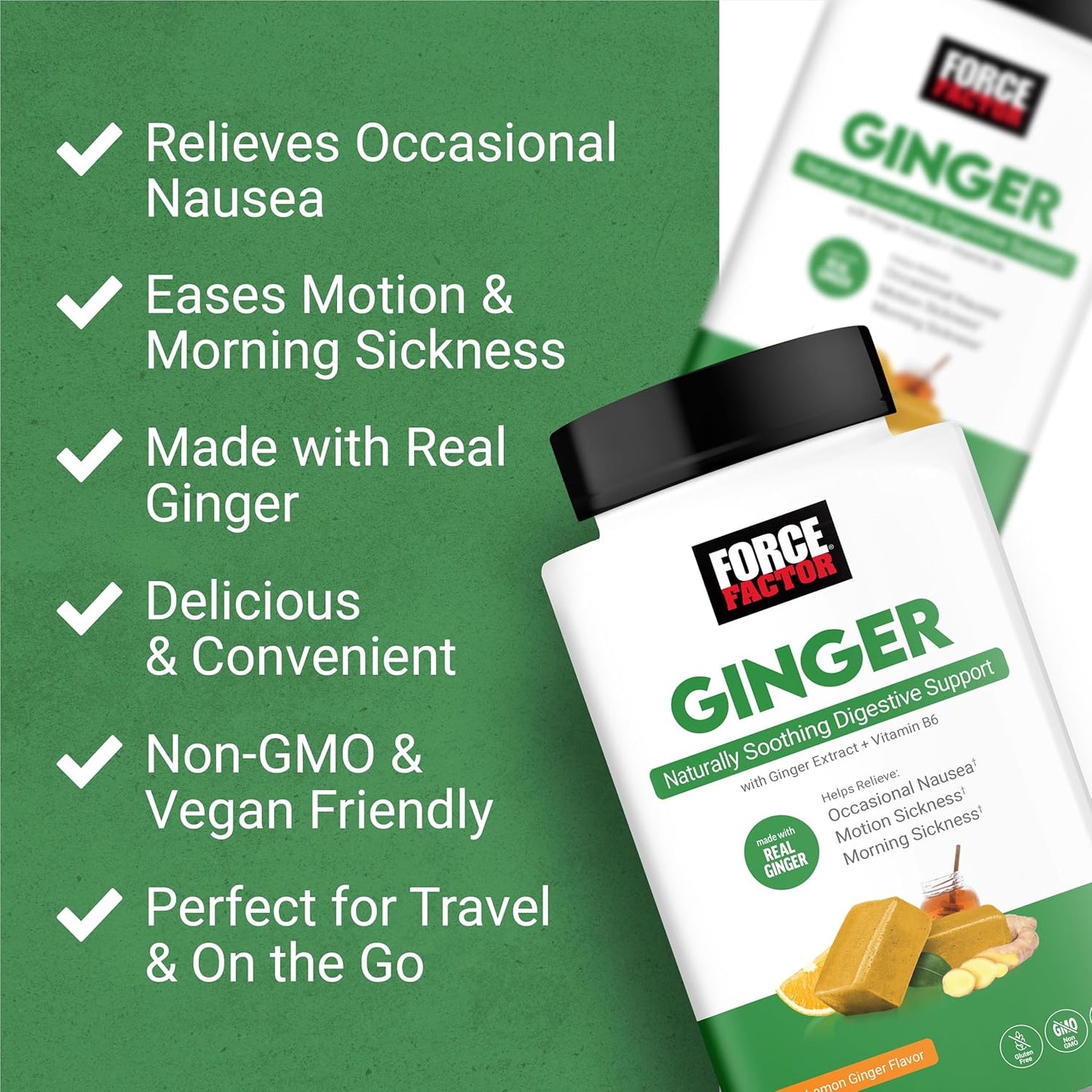 Ginger Chews with Vitamin B6 for Nausea Relief and Digestive Support, 60 Honey Lemon Ginger Flavored Soft Chews