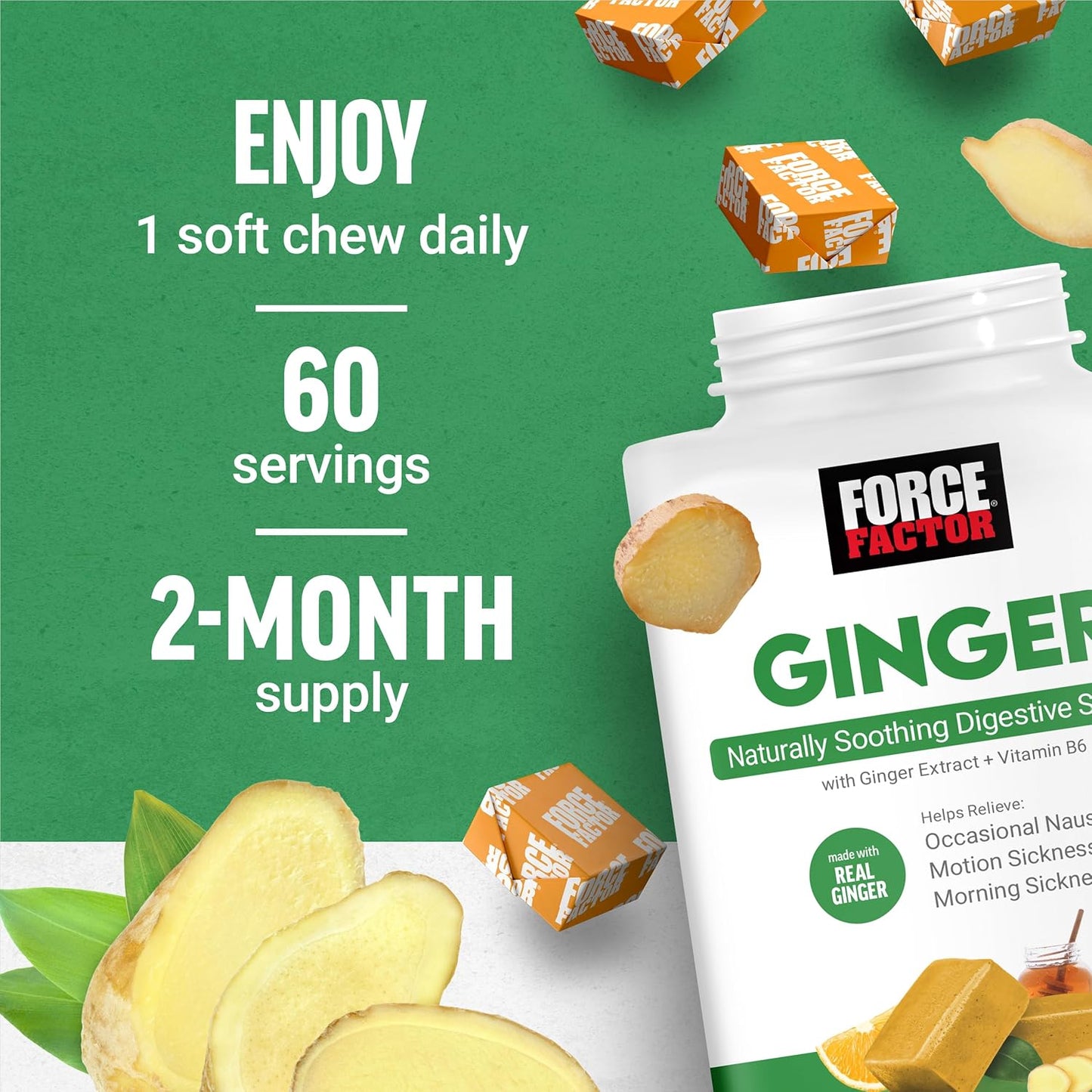 Ginger Chews with Vitamin B6 for Nausea Relief and Digestive Support, 60 Honey Lemon Ginger Flavored Soft Chews
