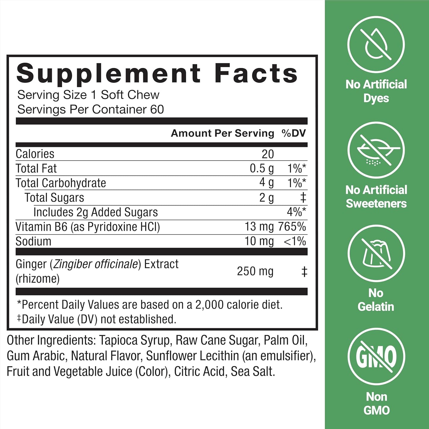 Ginger Chews with Vitamin B6 for Nausea Relief and Digestive Support, 60 Honey Lemon Ginger Flavored Soft Chews