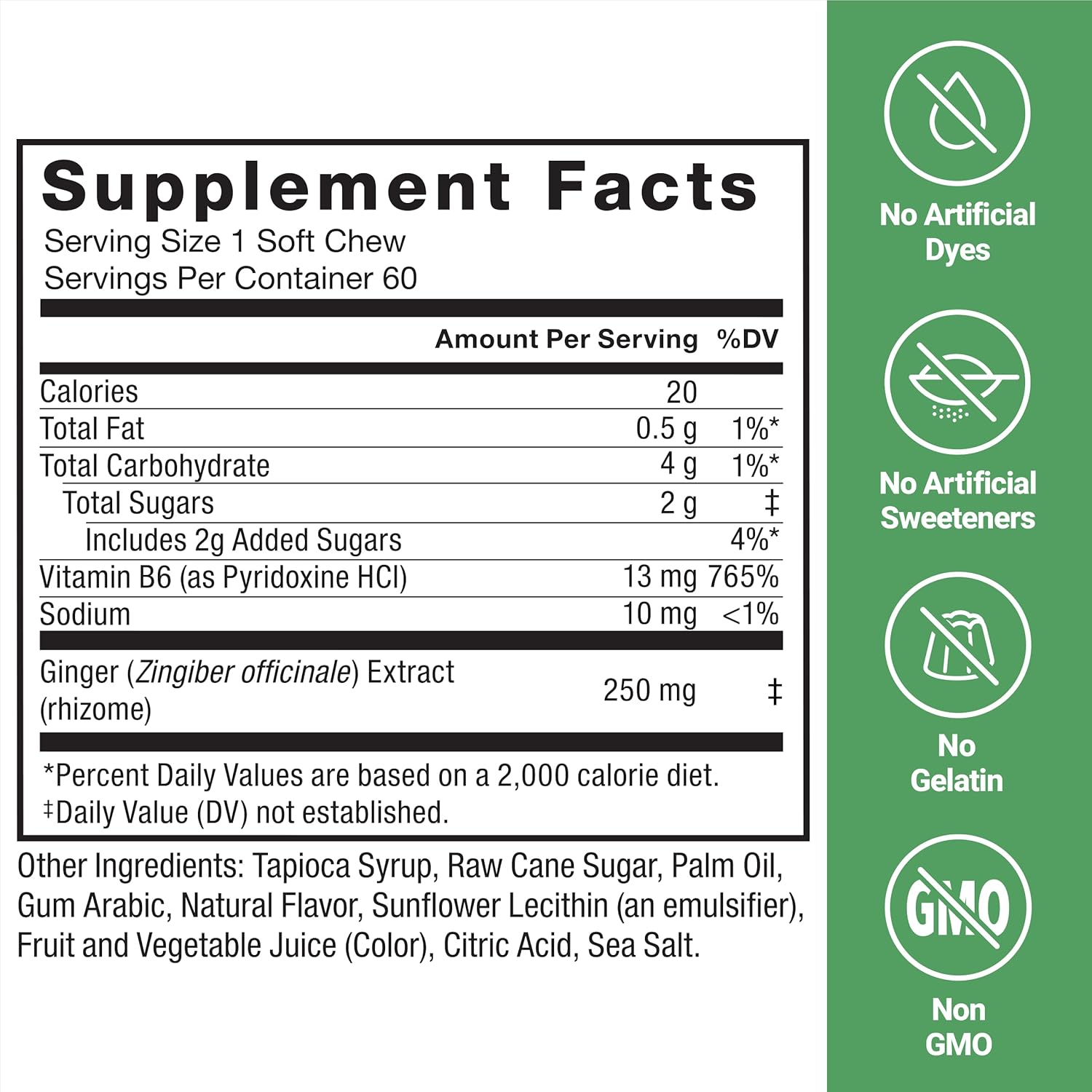 Ginger Chews with Vitamin B6 for Nausea Relief and Digestive Support, 60 Honey Lemon Ginger Flavored Soft Chews