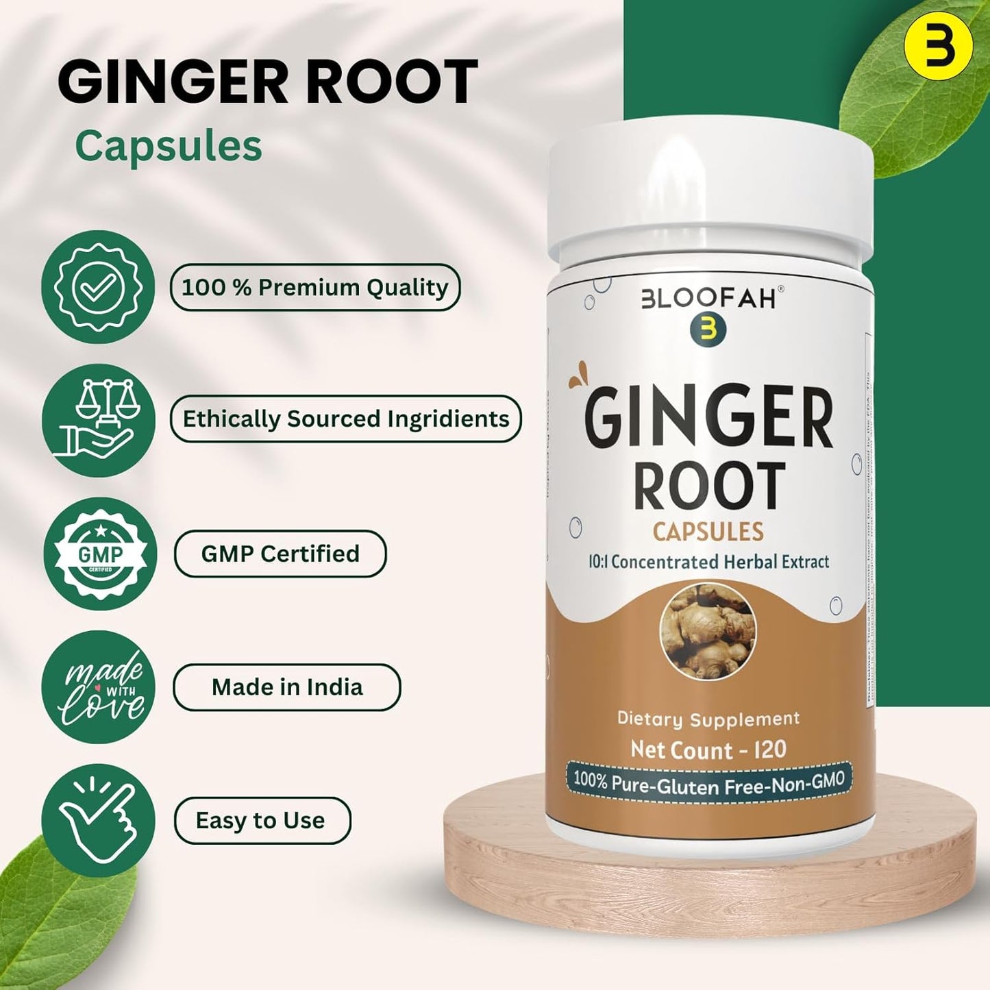 Ginger Root Capsules 500mg | Concentrated 10:1 Extract | Zingiber officinale | High-Potency Herbal Supplement | Non-GMO, Gluten-Free | 120 Count | Easy to Swallow