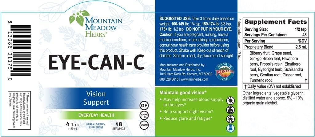 Gingko Biloba Herbal Vision & Eye Support Supplement - Mountain Meadow Herbs Eye-Can-C 4.0 Oz for Night Vision & Glare Reduction