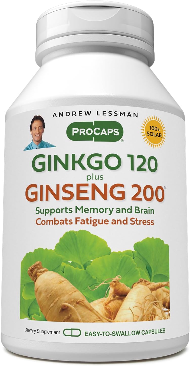 Ginkgo 120 Plus Ginseng Capsules - Support Cognitive Function, Memory, and Brain Health with Standardized Extract Blend. Adaptogen for Stress Relief, No Additives - 200-60 Caps