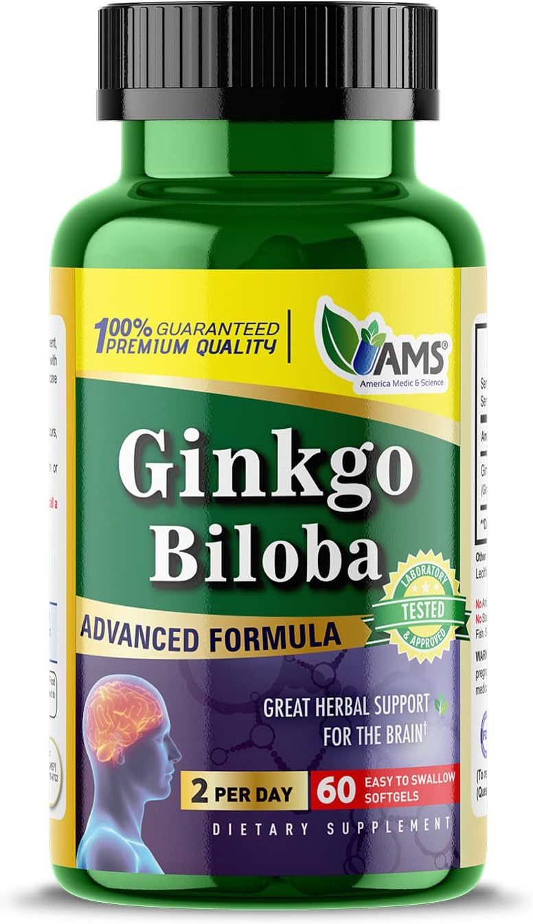 Ginkgo Biloba 60mg Softgels - Brain Booster Supplement for Men and Women - Herbal Leaf Extract Mind Enhancer - America Medic & Science