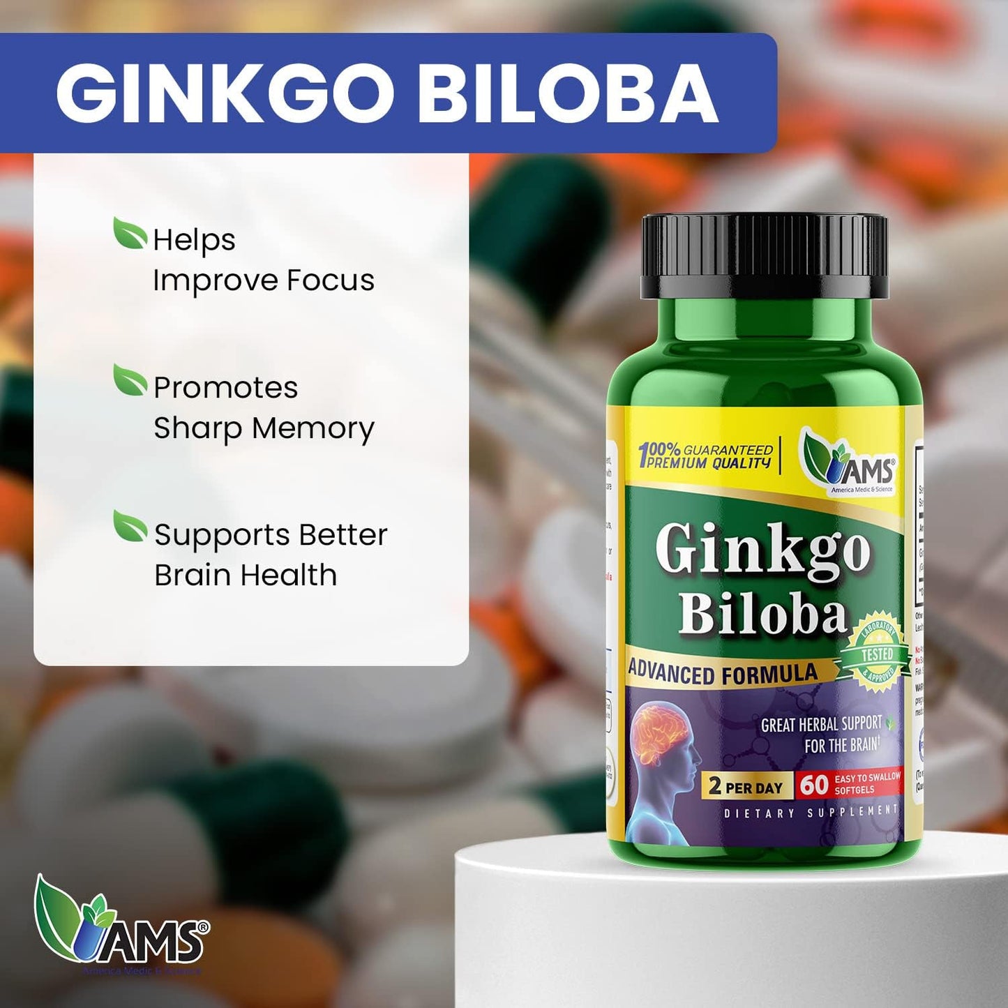 Ginkgo Biloba 60mg Softgels - Brain Booster Supplement for Men and Women - Herbal Leaf Extract Mind Enhancer - America Medic & Science