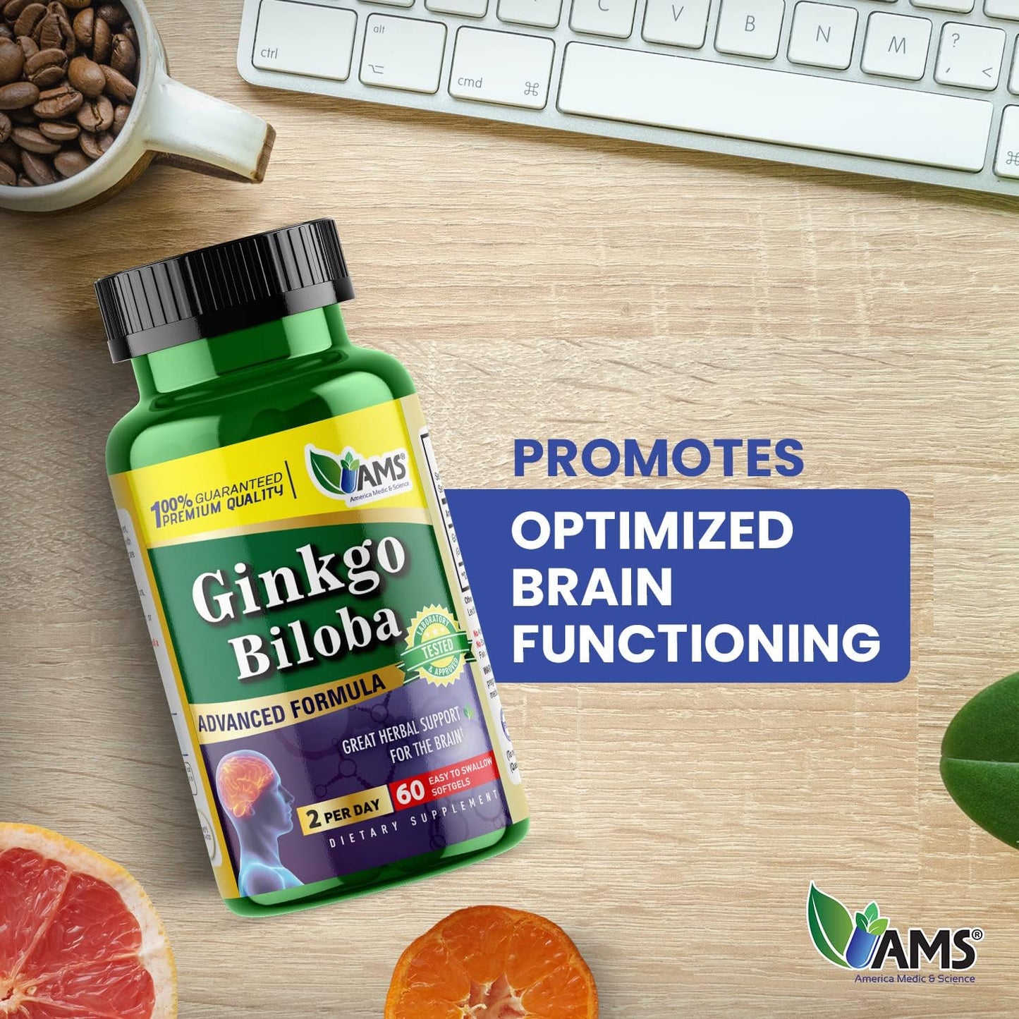 Ginkgo Biloba 60mg Softgels - Brain Booster Supplement for Men and Women - Herbal Leaf Extract Mind Enhancer - America Medic & Science