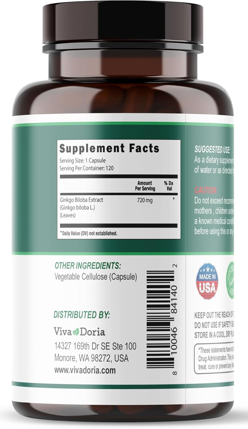 Ginkgo Biloba 720mg Capsules for Brain Function & Memory Support - 120 Vegetarian Capsules by Viva Doria