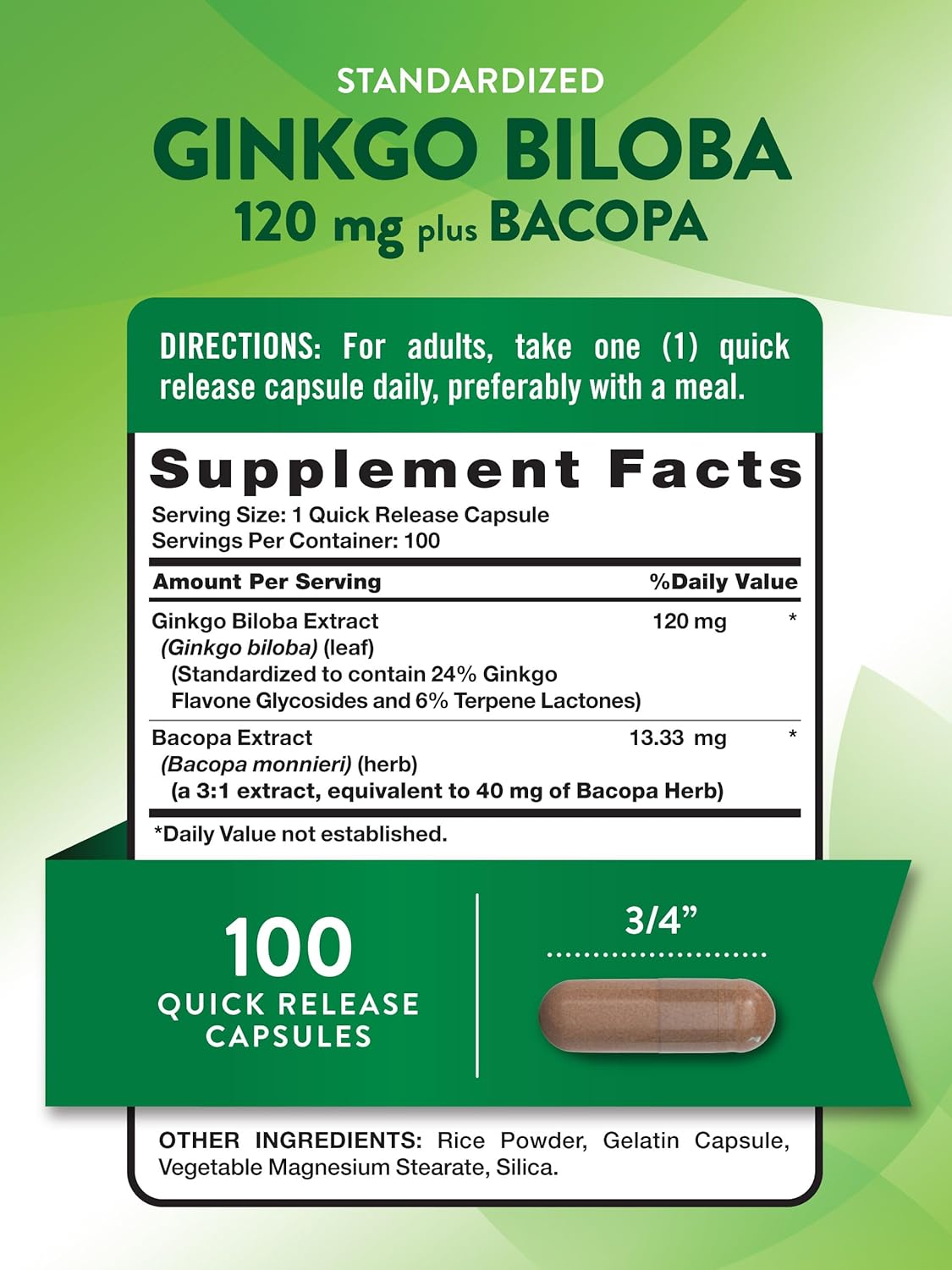 Ginkgo Biloba and Bacopa Extract Capsules | 120mg | 100 Quick Release Capsules | Non-GMO and Gluten Free
