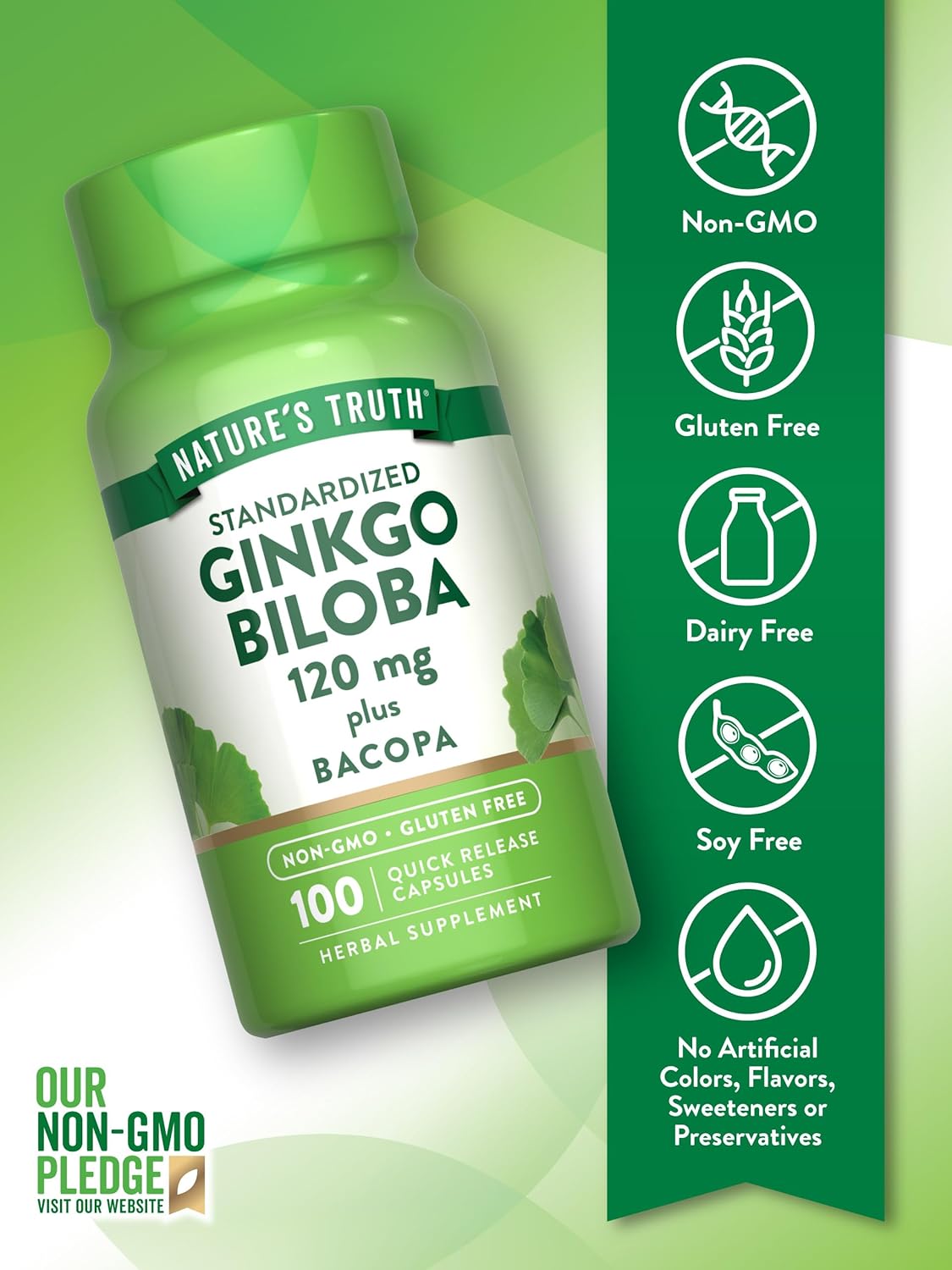 Ginkgo Biloba and Bacopa Extract Capsules | 120mg | 100 Quick Release Capsules | Non-GMO and Gluten Free