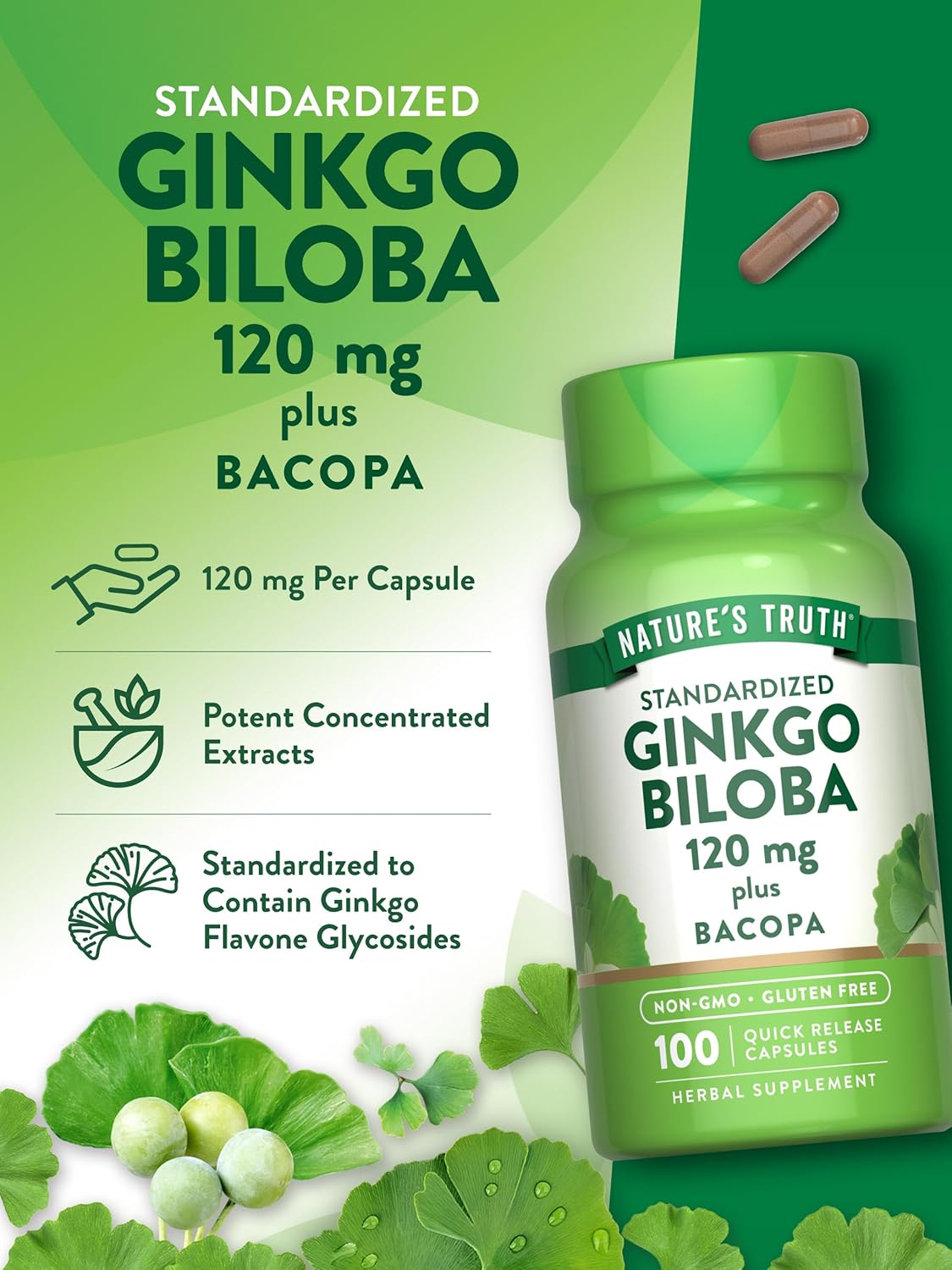 Ginkgo Biloba and Bacopa Extract Capsules | 120mg | 100 Quick Release Capsules | Non-GMO and Gluten Free