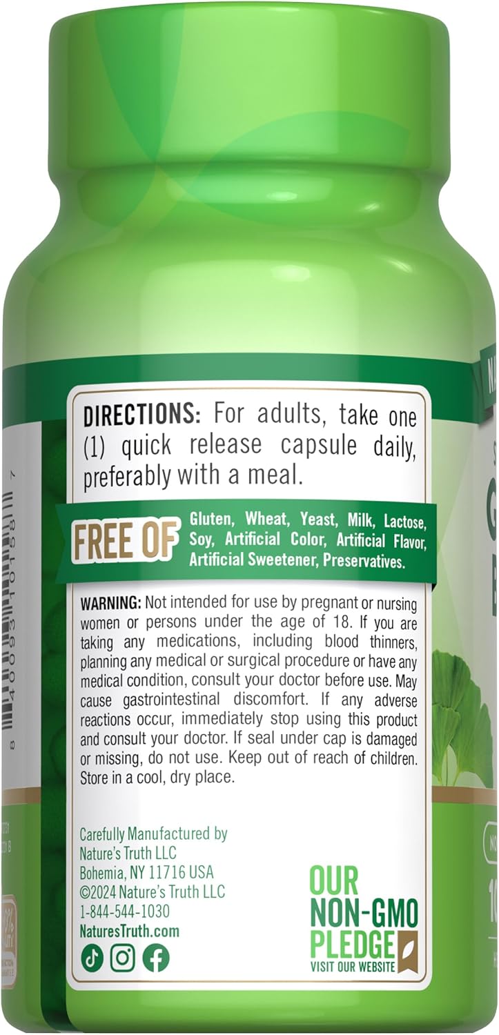 Ginkgo Biloba and Bacopa Extract Capsules | 120mg | 100 Quick Release Capsules | Non-GMO and Gluten Free