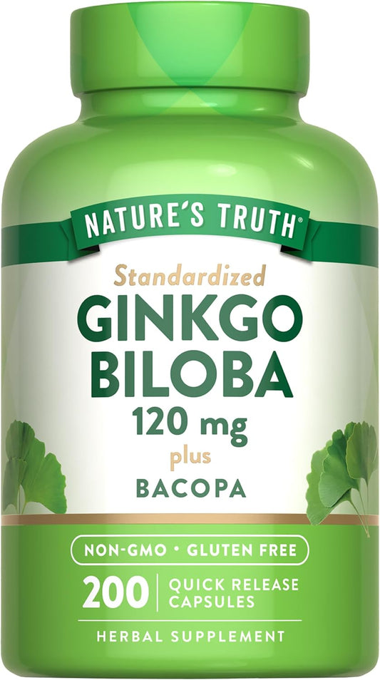 Ginkgo Biloba & Bacopa 120mg Capsules | 200 Quick Release | Standardized Extract | Non-GMO & Gluten Free