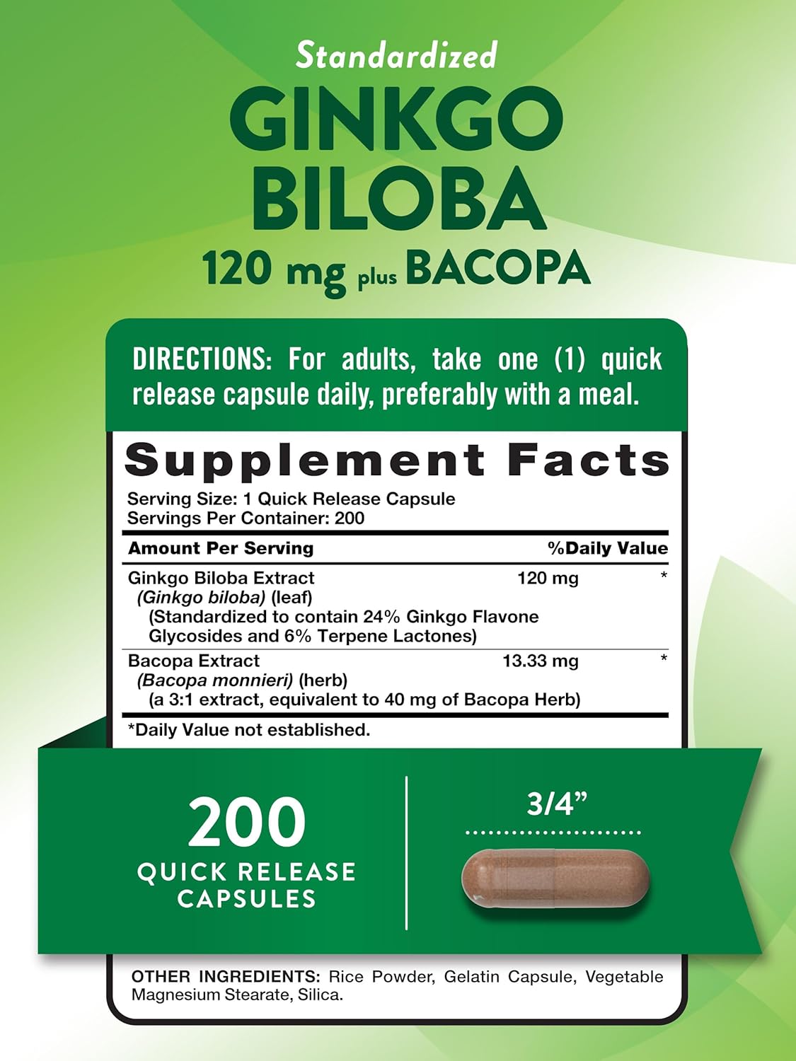Ginkgo Biloba & Bacopa 120mg Capsules | 200 Quick Release | Standardized Extract | Non-GMO & Gluten Free