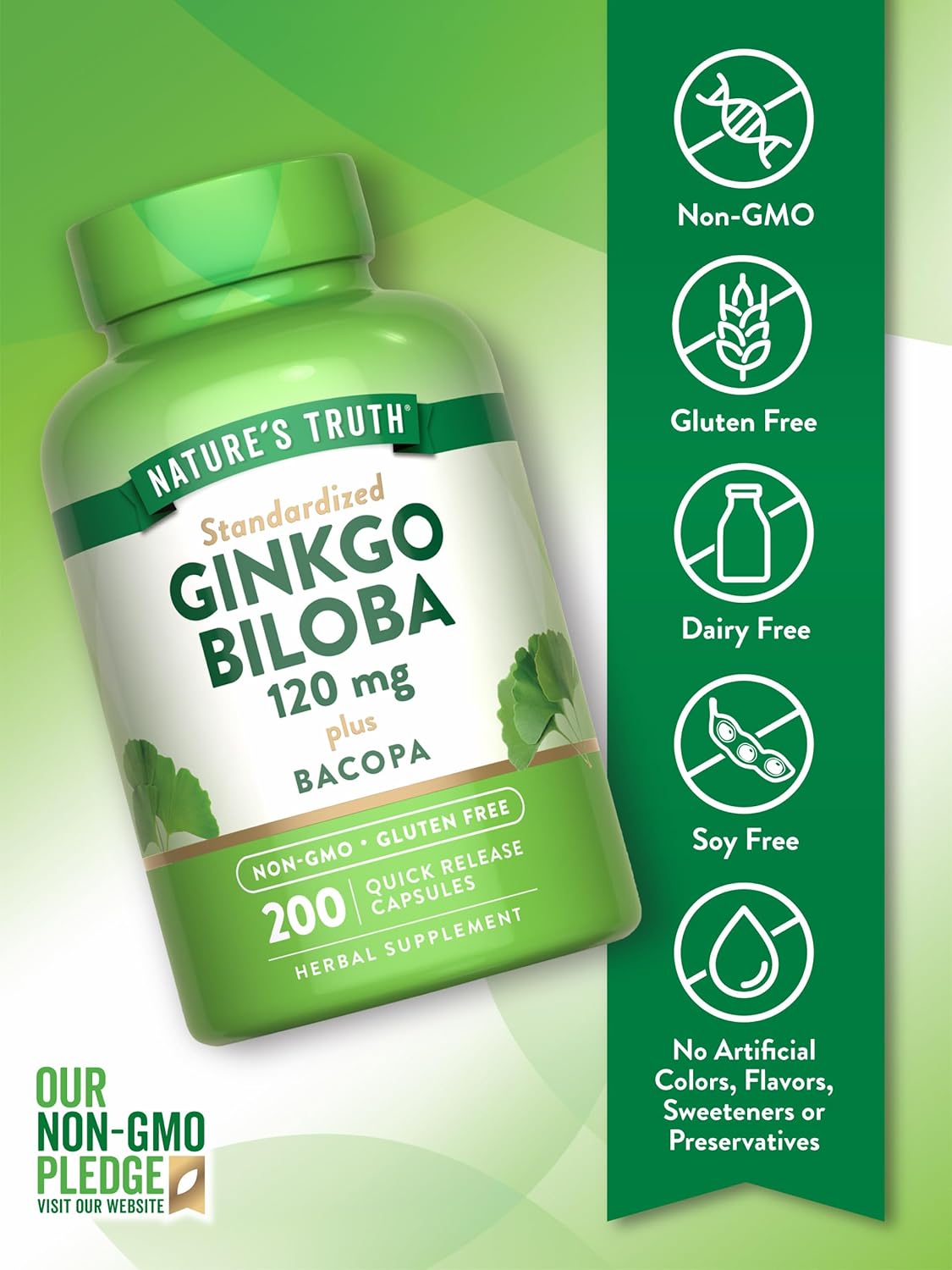 Ginkgo Biloba & Bacopa 120mg Capsules | 200 Quick Release | Standardized Extract | Non-GMO & Gluten Free