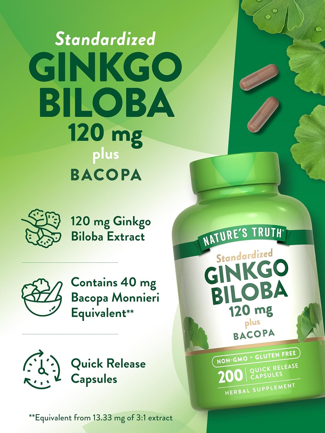 Ginkgo Biloba & Bacopa 120mg Capsules | 200 Quick Release | Standardized Extract | Non-GMO & Gluten Free