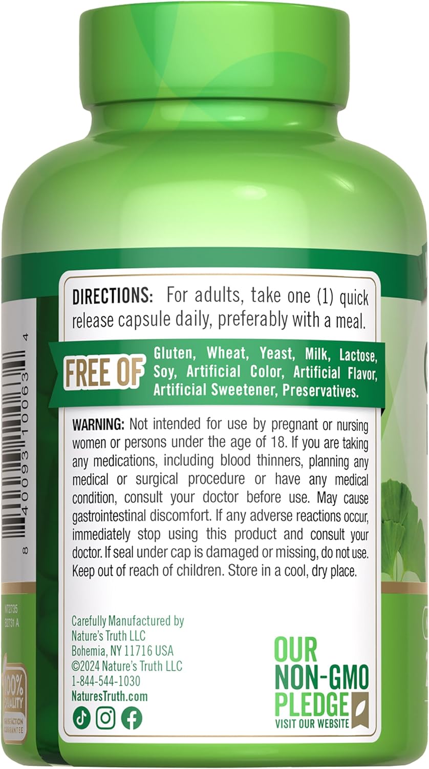 Ginkgo Biloba & Bacopa 120mg Capsules | 200 Quick Release | Standardized Extract | Non-GMO & Gluten Free