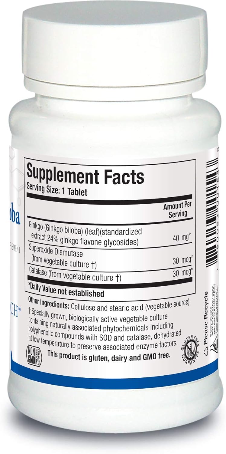 Ginkgo Biloba Brain Supplement with 24% Standardized Extract for Focus, Energy, Memory, Healthy Aging - 60 Tablets.