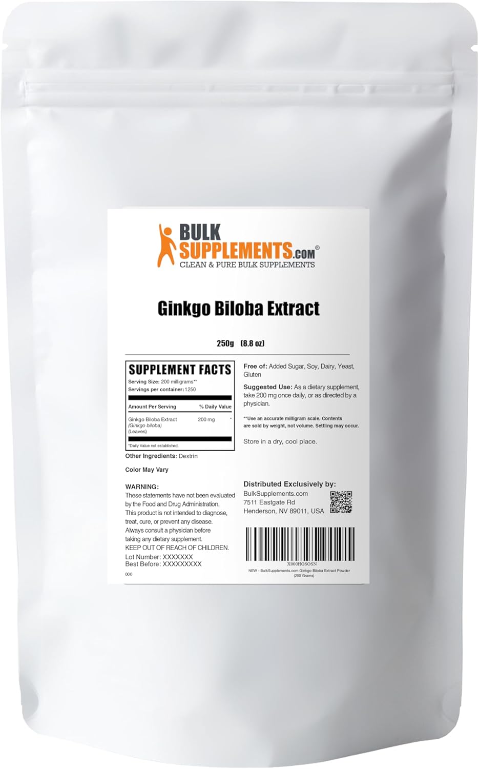 Ginkgo Biloba Extract Powder - 120mg per Serving, 250g (8.8 oz) - Gluten Free Ginkgo Biloba Supplements
