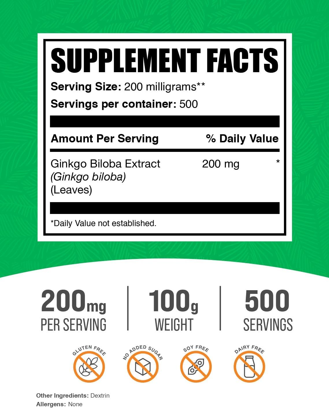 Ginkgo Biloba Extract Powder - Gluten-Free Supplements, 200mg per Serving - 100g (3.5 oz) Pack of 1