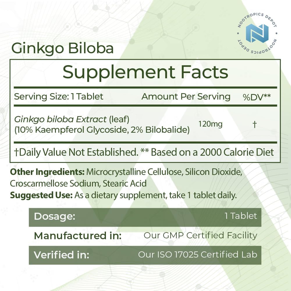 Ginkgo Biloba Extract Tablets - 120mg - 90 Count - 10% Kaempferol Glycoside + 2% Bilobalide - Support Cognitive & Cardiovascular Health