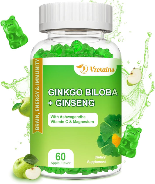 Ginkgo Biloba Gummies with Ginseng, Magnesium - Brain Focus, Energy, Mood, Memory - 60 Count