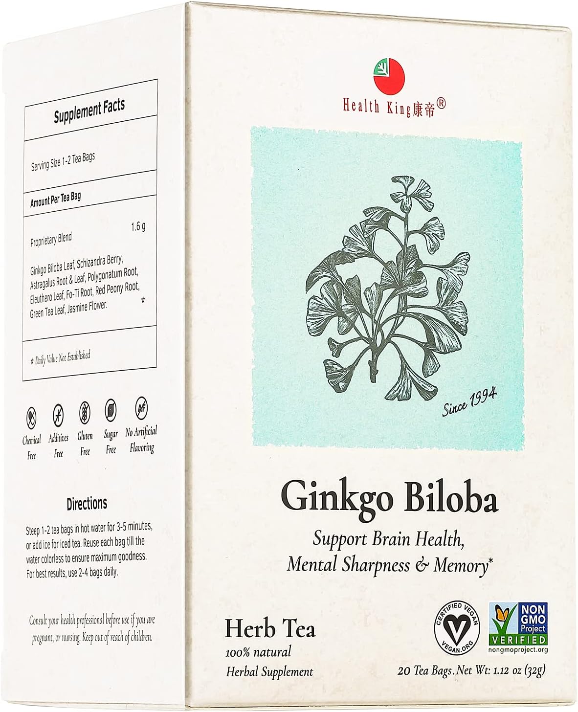 Ginkgo Biloba Herb Tea, 20 Teabags, Health King Brand