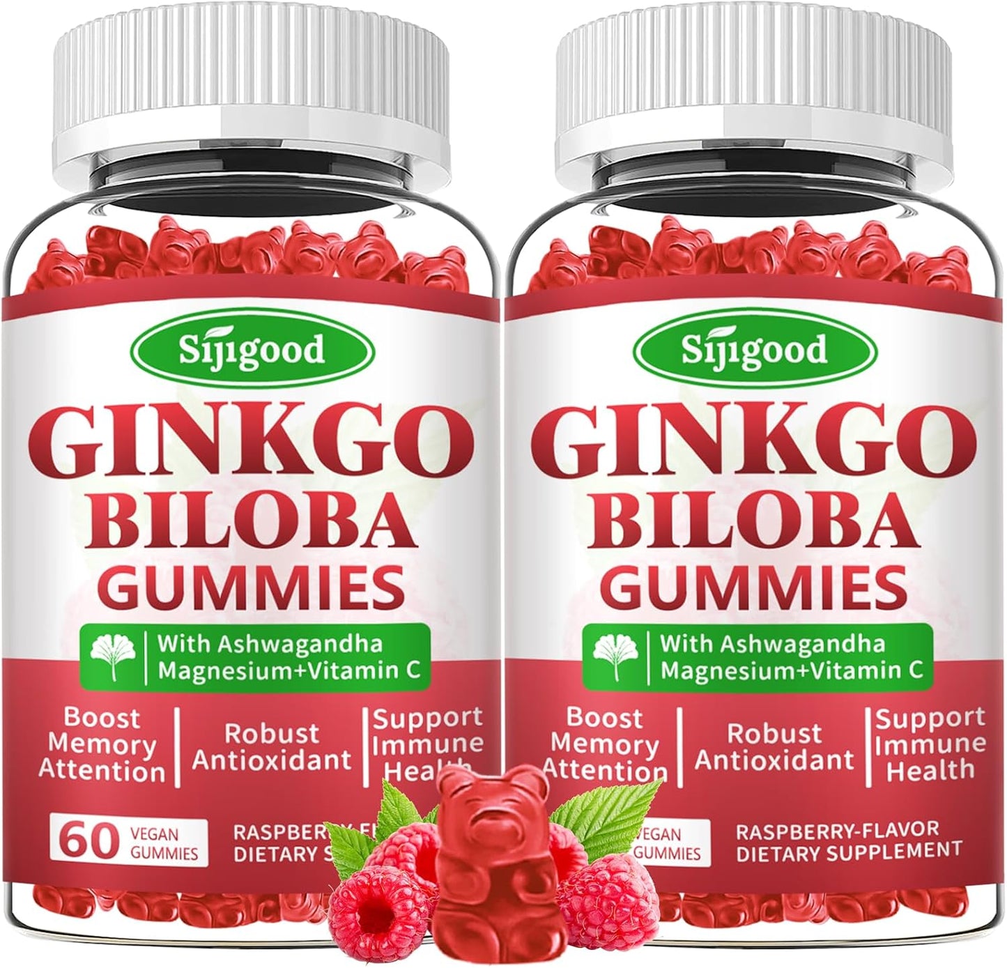 Ginkgo Biloba & Panax Ginseng Gummies for Focus & Memory - 2 Pack, Vegan Raspberry Flavor, 120 Count - Brain Health Supplements for Adults & Kids