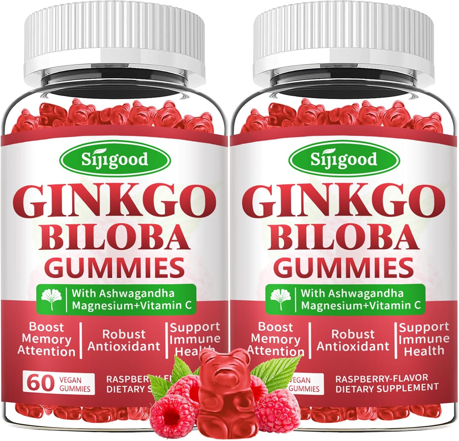 Ginkgo Biloba & Panax Ginseng Gummies for Focus & Memory - 2 Pack, Vegan Raspberry Flavor, 120 Count - Brain Health Supplements for Adults & Kids