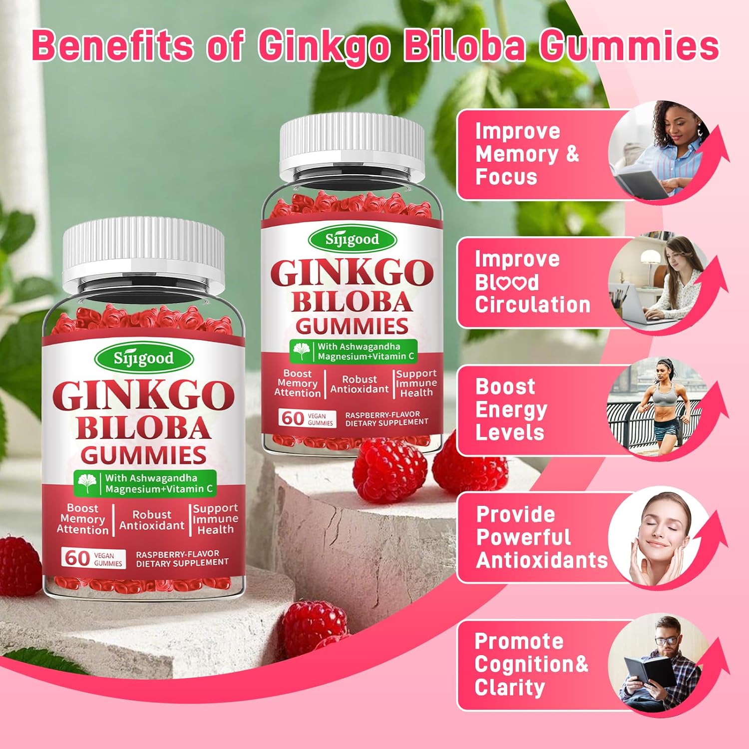 Ginkgo Biloba & Panax Ginseng Gummies for Focus & Memory - 2 Pack, Vegan Raspberry Flavor, 120 Count - Brain Health Supplements for Adults & Kids