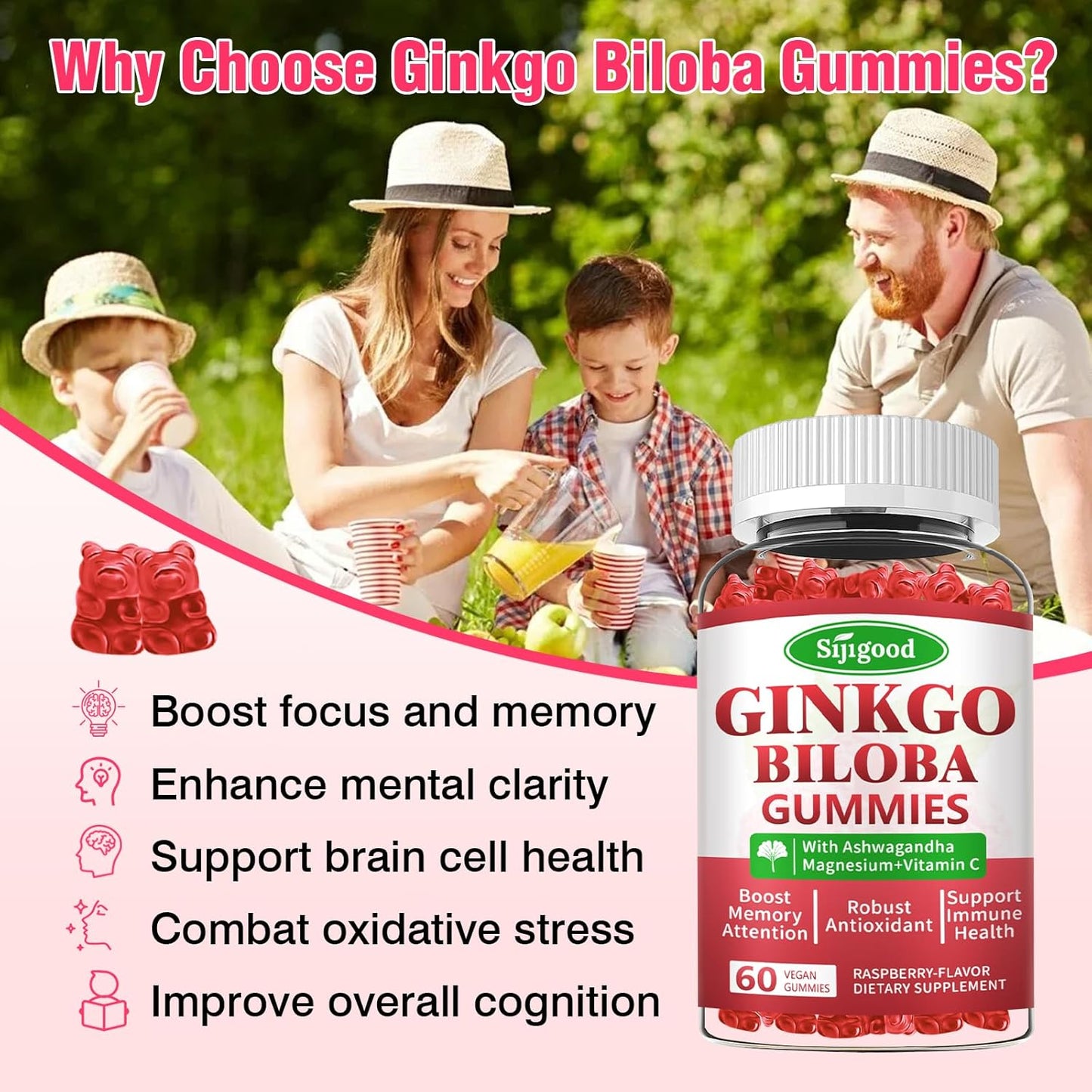 Ginkgo Biloba & Panax Ginseng Gummies for Focus & Memory - 2 Pack, Vegan Raspberry Flavor, 120 Count - Brain Health Supplements for Adults & Kids